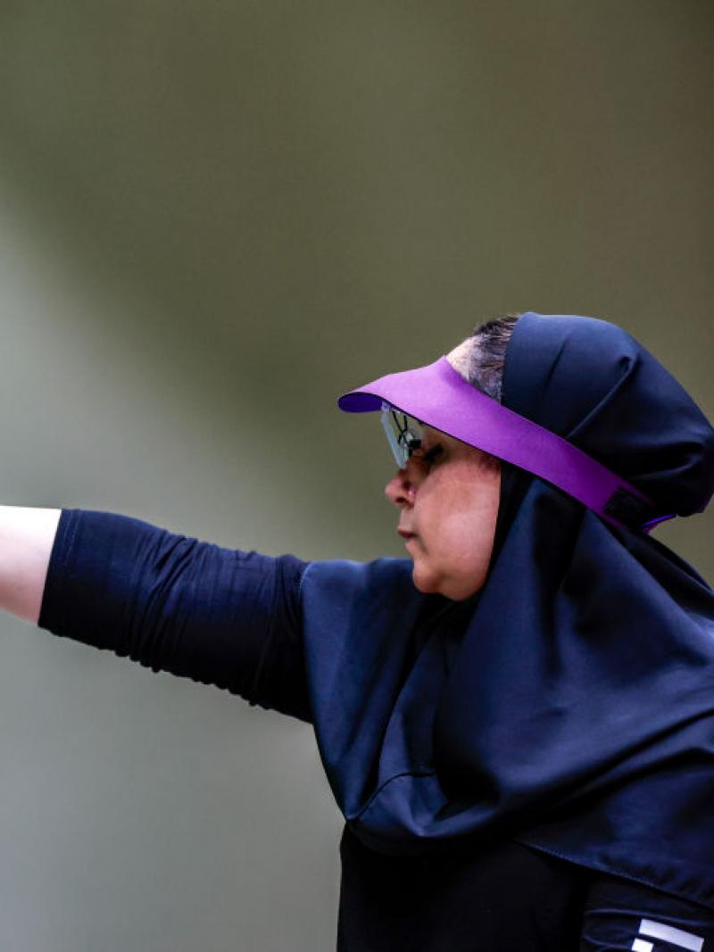Sareh Javanmardi takes aim in a shooting Para sport competition