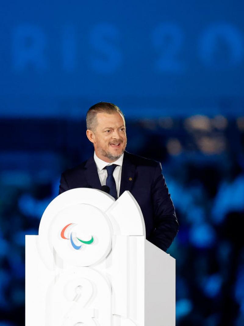 Andrew Parsons, President of the IPC, speaks at the Paris 2024 Opening Ceremony