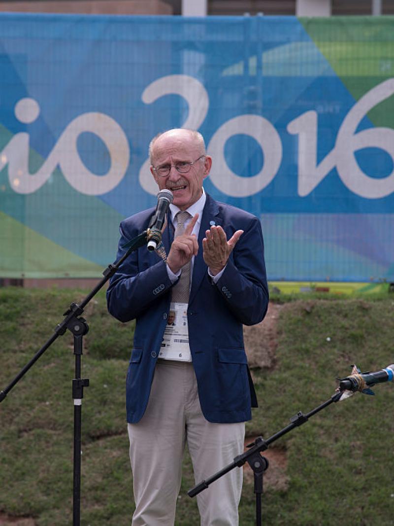 Wilfried Lemke, speaks at the Paralympic Mural Ceremony held at the Rio 2016 Paralympics. He is making a speech in front of a banner that reads Rio 2016.