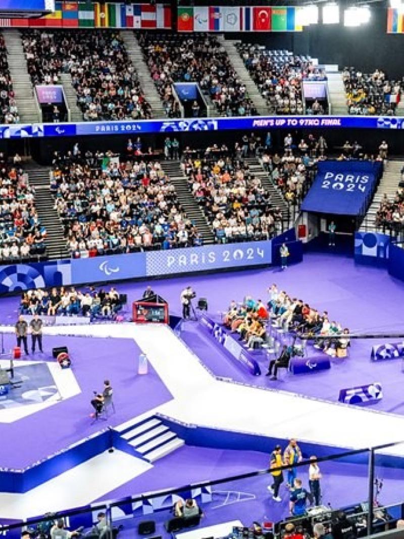 An aerial view of the Para powerlifting Port de La Chapelle Arena at Paris 2024 Paralympic Games