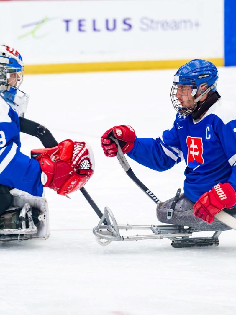 Slovakia's Para ice hockey player and a goaltender on ice