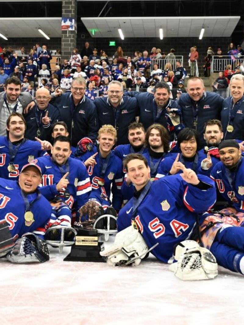 Team USA with the trophy of the 2025 World Para Ice Hockey Championships