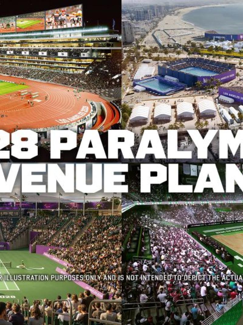 A collaged photo of four mockup of Paralympic venues