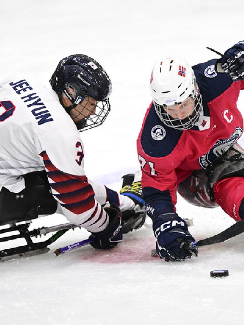 A Norwegian and a Korean Para ice hockey player going for the puck