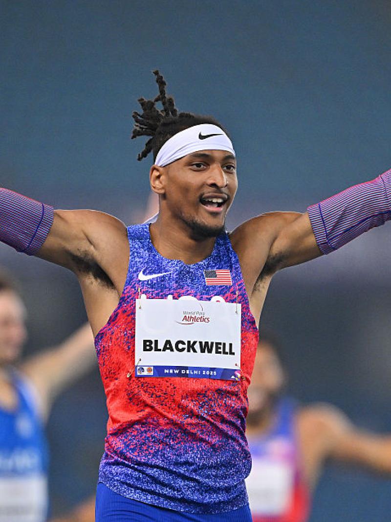 An athlete reacts in joy 