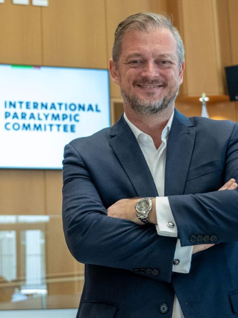 Andrew Parsons, president of the International Paralympic Committee, poses for a photo at the IPC Campus