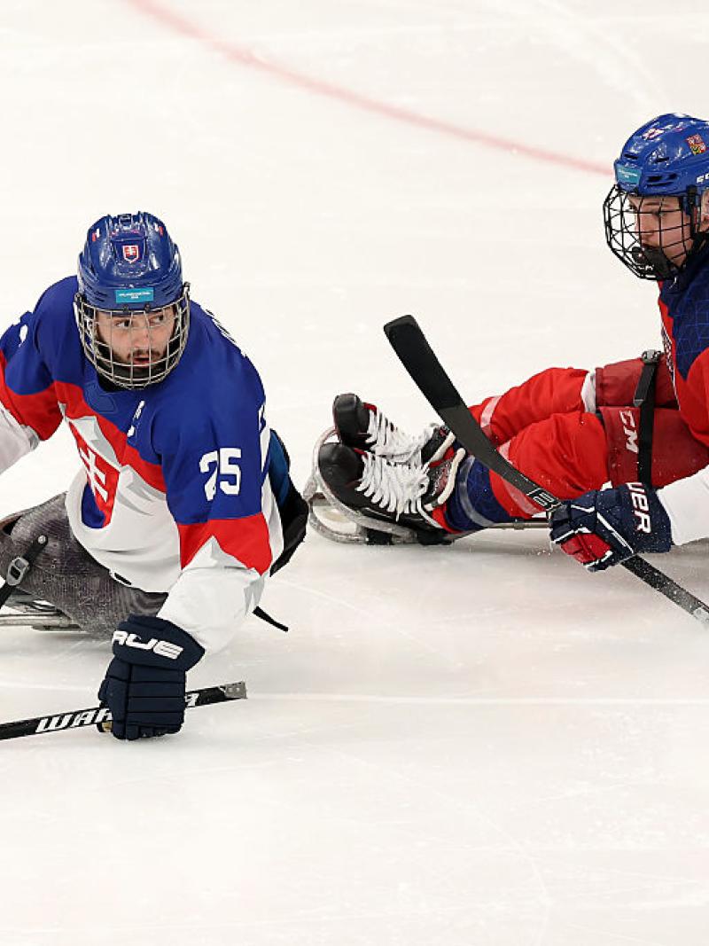 A Slovak and a Czech player at a Para ice hockey game