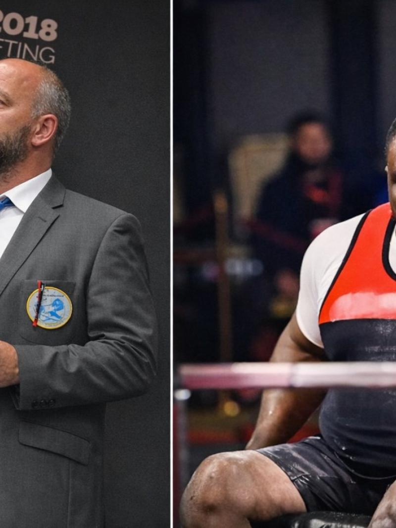 A split image of a man in grey suit and a Para powerlifting athlete