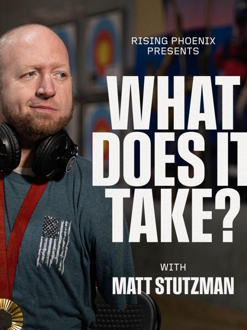 A poster of a male athlete with a gold medal around his neck and a text presenting his podcast's name ''What Does It Take?''
