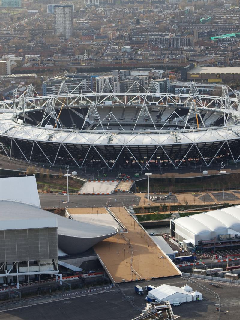 Aerial view of the London Olympic Park.