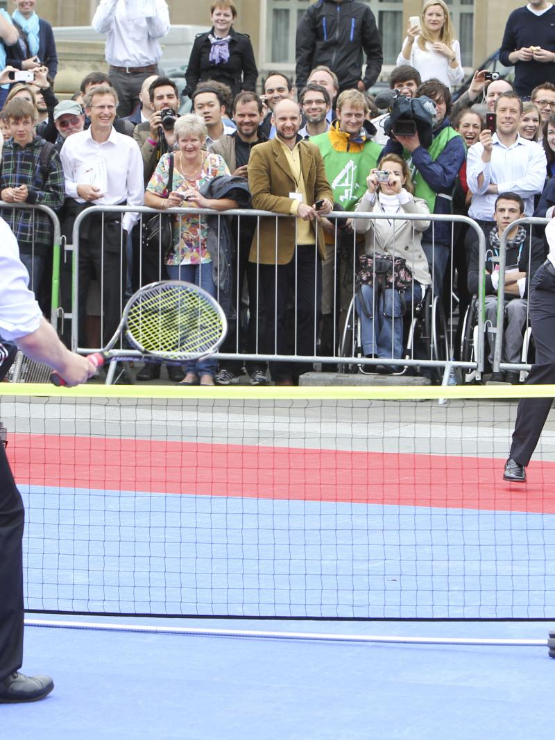 Tennis match between David Cameron and Boris Johnson at IPD