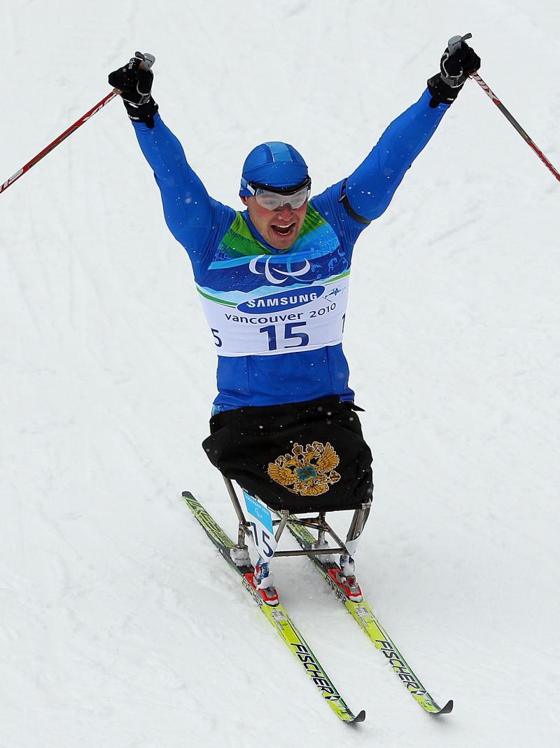 Irek Zaripov celebrating after winning a race at the Vancouver 2010 Paralympic Winter Games