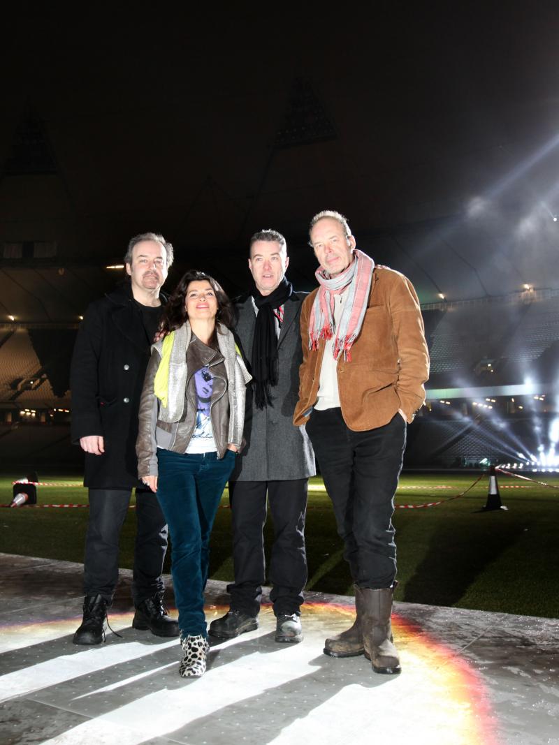 The Closing Ceremony Creative Team, pictured during testing at the Olympic Stadium. L to R David Arnold (Music Director), Es Devlin (Designer) , Kim Gavin (Artistic director) , Patrick Woodroffe (Lighting Designer)