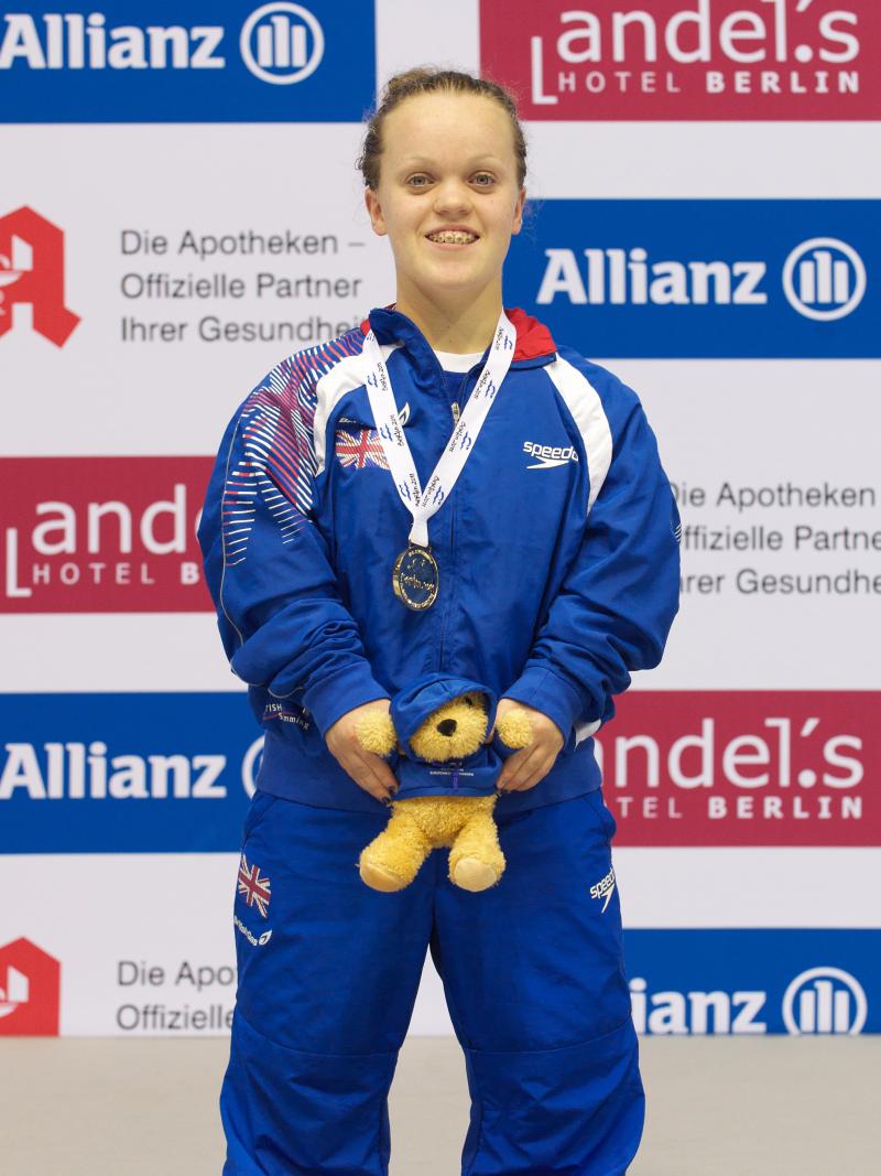 Ellie Simmonds on top of the podium at the 2011 IPC Swimming European Championships in Berlin, Germany