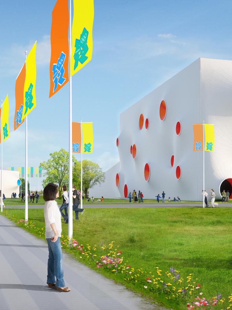building with colourful circles