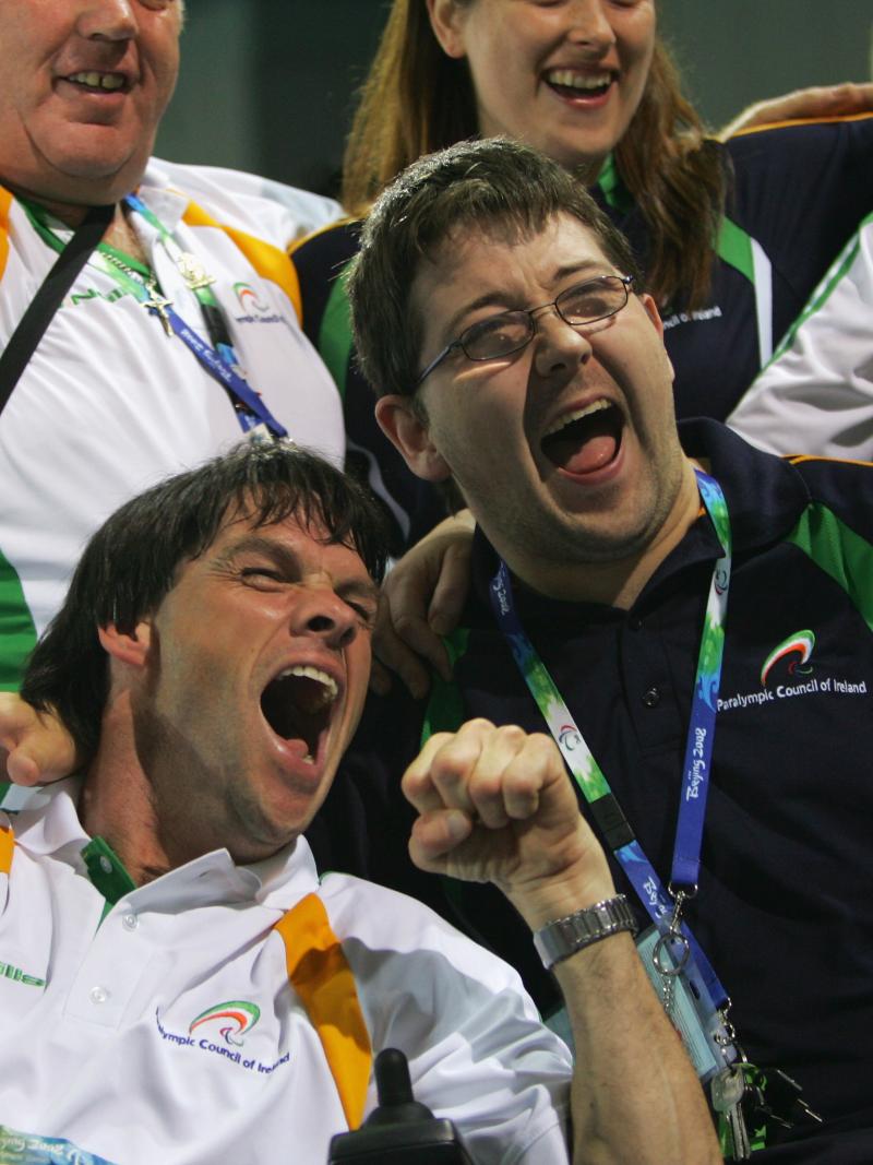 Two Irish Boccia players are celebrating their victory