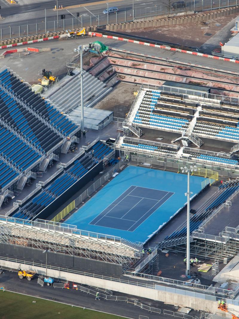 An aerial picture of a tennis court.