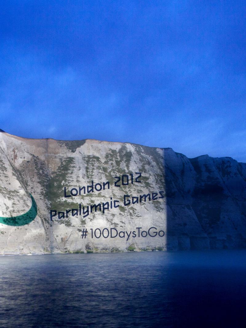 The Paralympic Symbol Projected onto the White Cliffs of Dover to mark 100 days to go