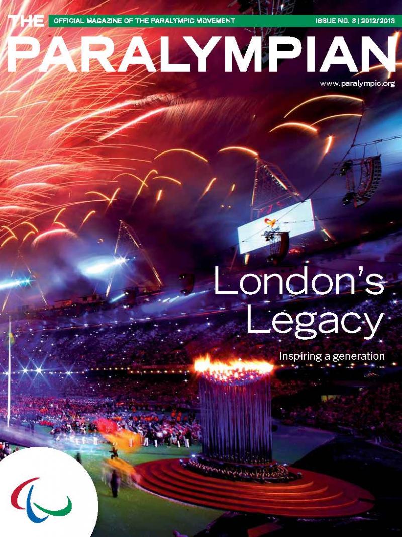 Cover photo of the magazine Paralympian showing fireworks light up the stadium during the closing ceremony at the London 2012 Paralympic Games