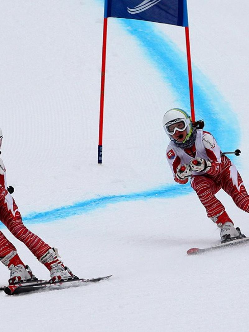 A picture of a blind woman skiing with her guide