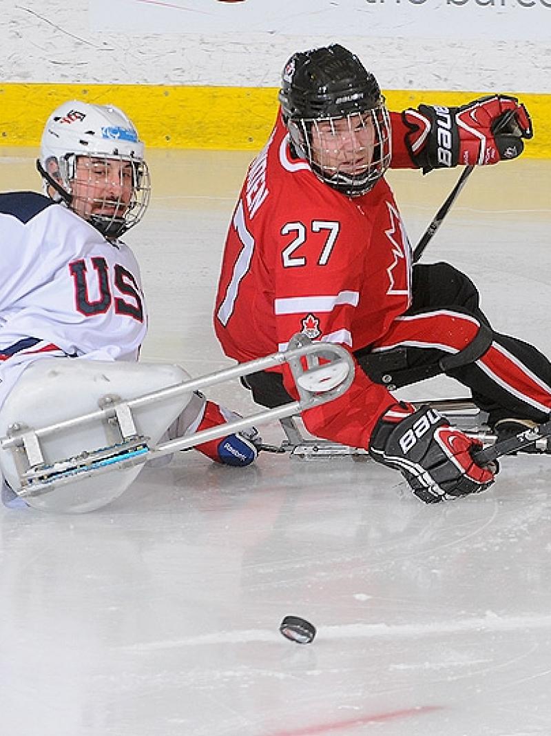 A picture of the ice sledge hockey player on a field