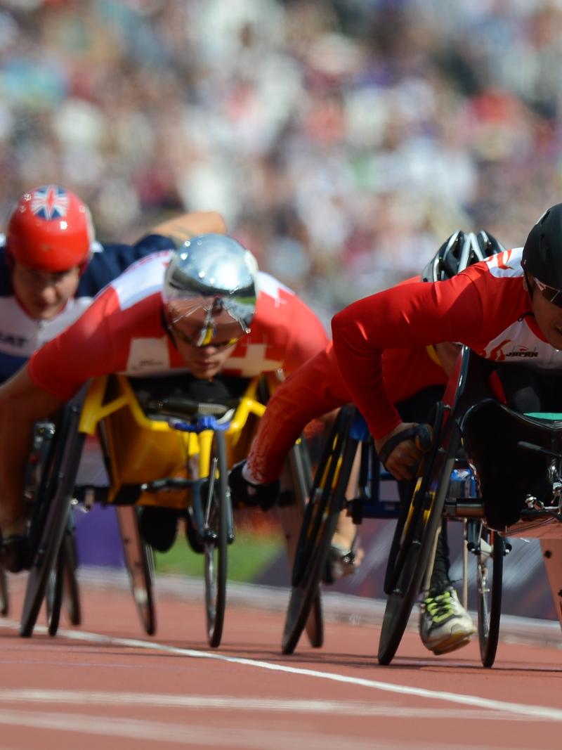 A picture of men in wheelchairs during an athletics race