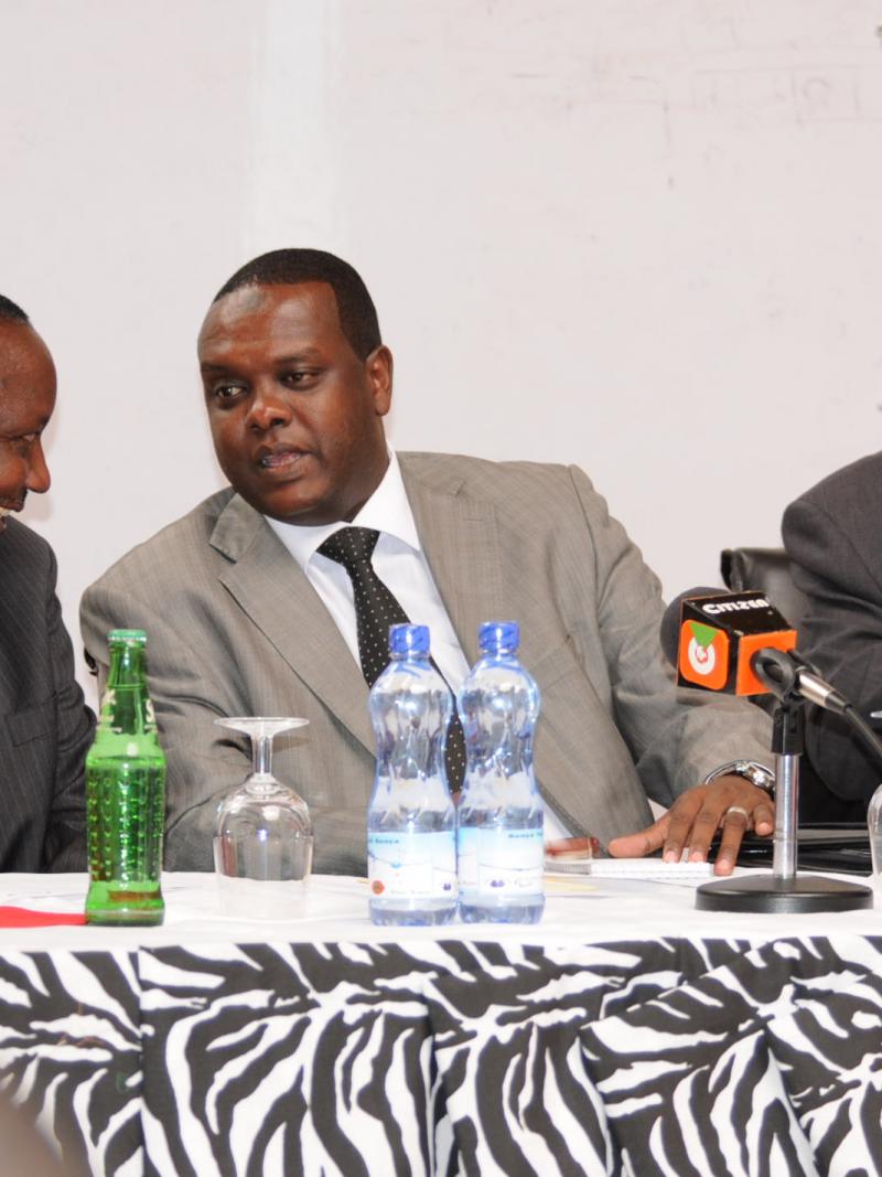 Hassan Wario talks on a podium at the Opening Ceremony
