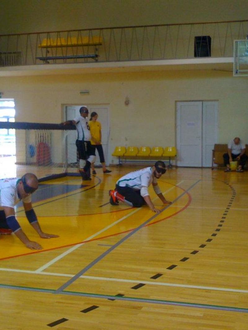 Two men playing goalball at the Algerian Goalball Championships 2013