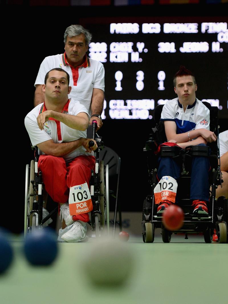 Joao Fernandes of Portugal plays a shot during the Mixed Team Boccia 