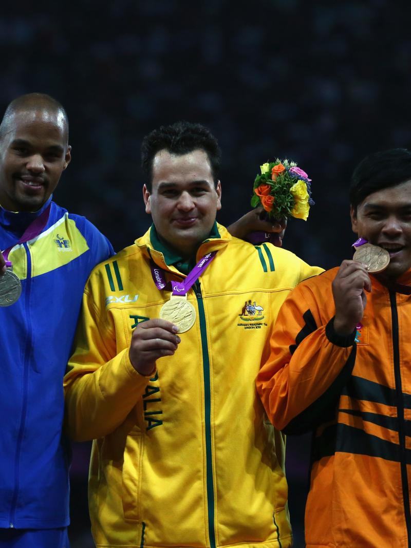 The winners of the Men's Shot Put F20 Final at the London 2012 Paralympic Games show their medals