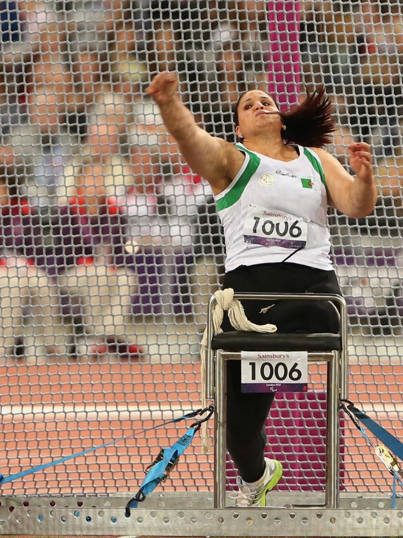 Nassima Saifi of Algeria competes in the Women's Discus Throw - F57/58 Final at the London 2012 Paralympic Games