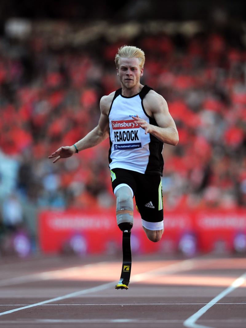 Sprinters Alan Oliveira, Jonnie Peacock and Richard Browne compete at the Sainsbury's Anniversary Games