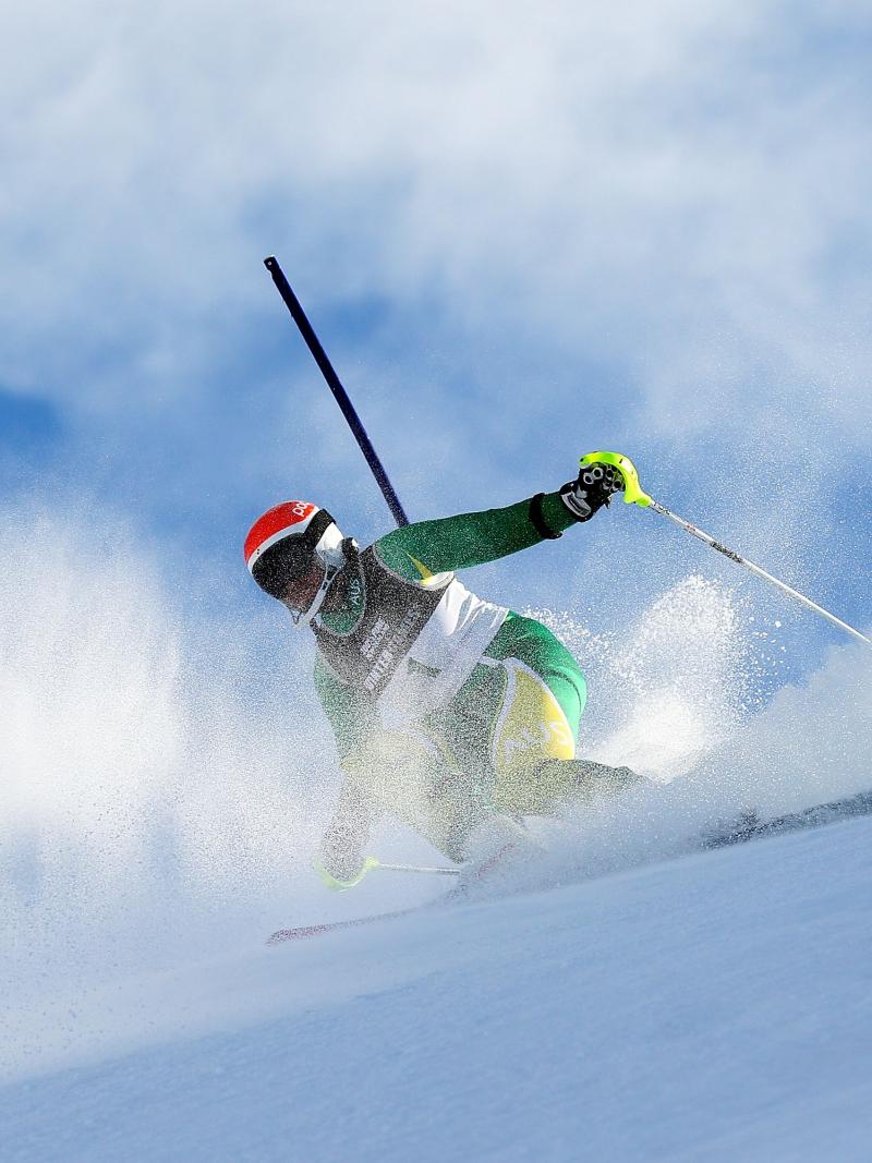 Melissa Perrine of Australia competes in the Womens Slalom Visually Impaired 