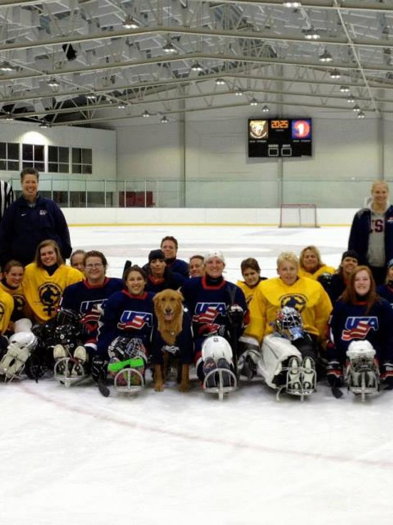 USA and Europe's women's ice sledge hockey teams