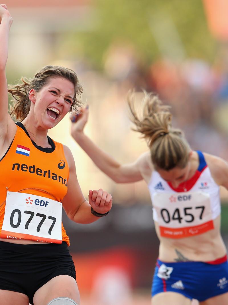 Marlou van Rhijn  crosses the finish line to win gold in the women's 100m T44, one of the highlights of the 2013 IPC Athletics World Championships in Lyon, France.