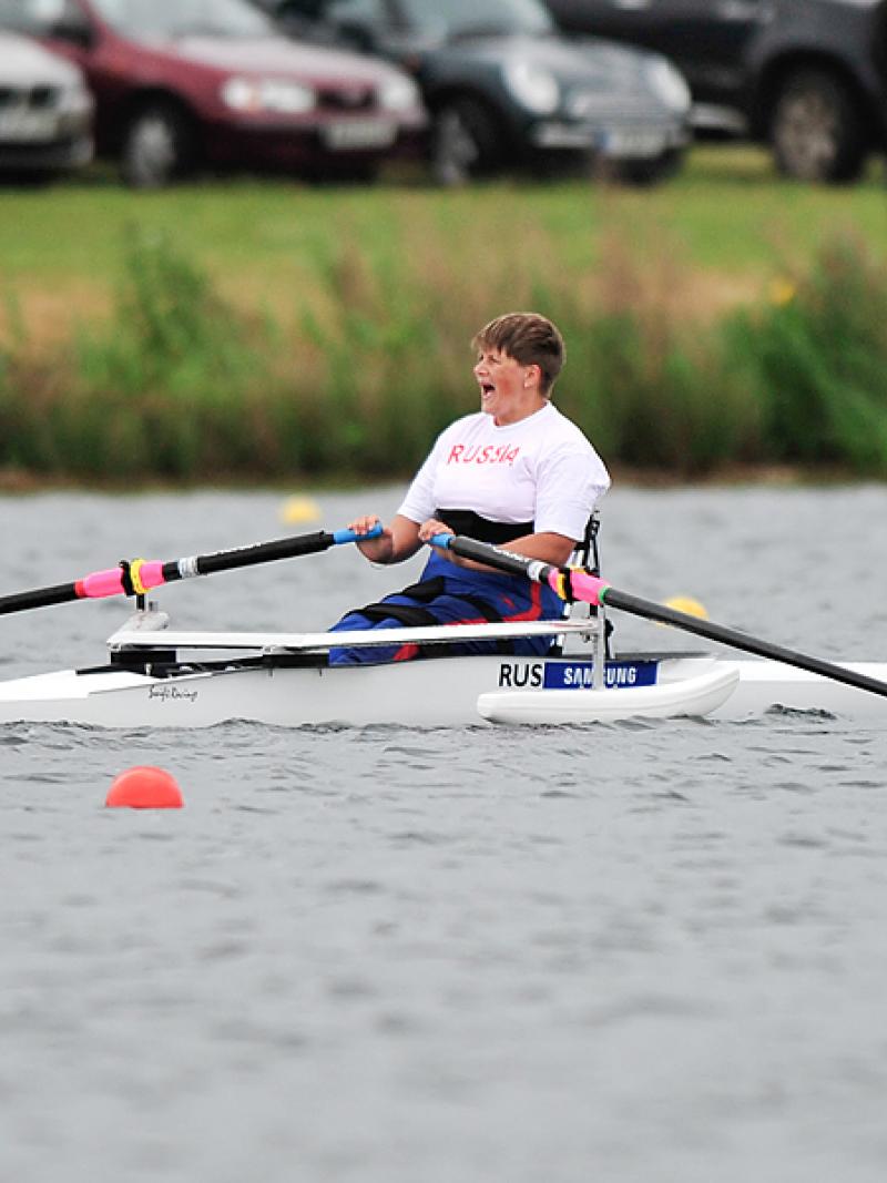 Natalia Bolshakova cheers after winning gold at the 2013 World Rowing Championships.