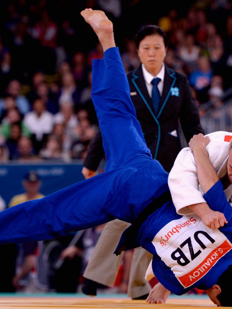Dmytro Solovey of Ukraine and Sharif Khalilov of Uzbekistan compete in the Men's 73kg Gold Medal Contest at the London 2012 Paralympic Games
