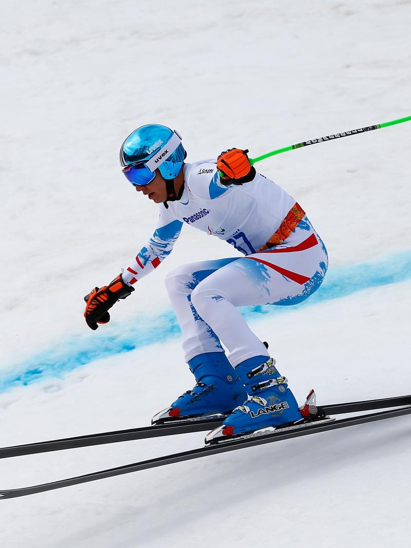 Markus Salcher goes down the slope very fast, he seems to lose control