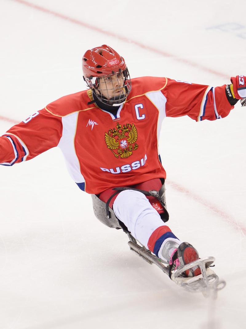 Dmitrii Lisov of Russia celebrates after scoring a penalty during the Ice Sledge Hockey match between the Russia and Korea