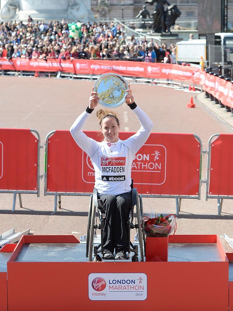 Tatyana McFadden celebrates her second successive Virgin Money London Marathon win in April 2014.
