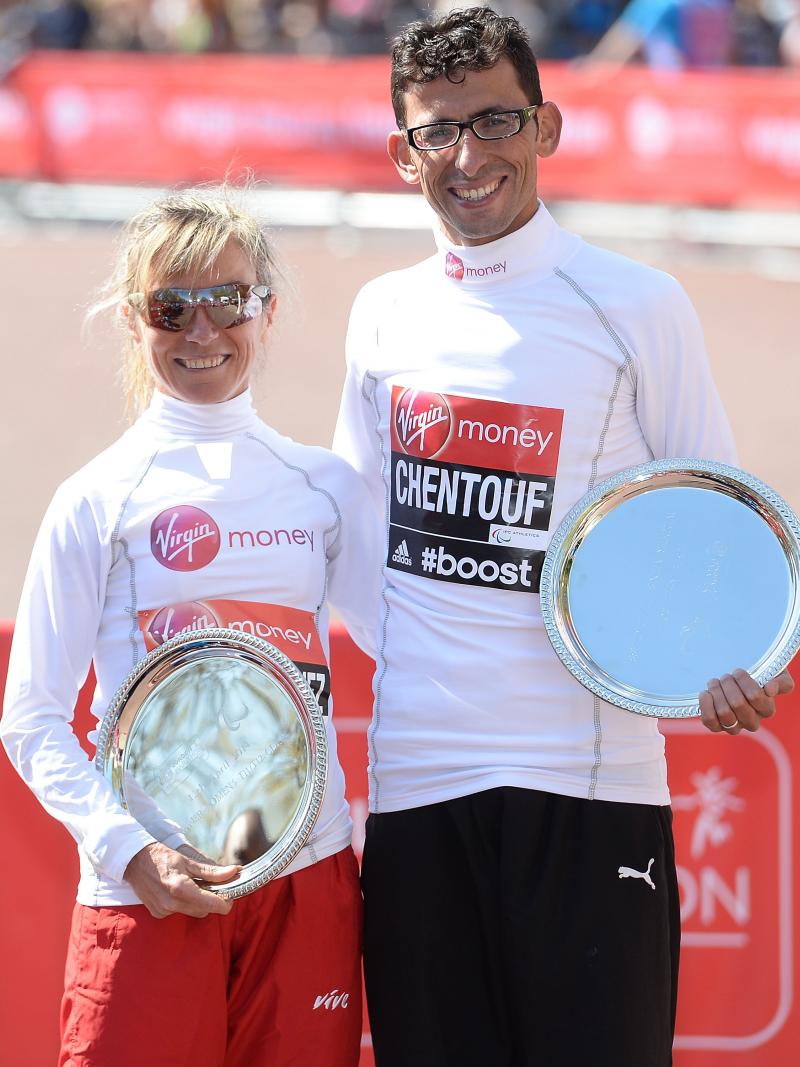 IPC  Athletics Marathon World Cup men's race winner El Amin Chentouf of Morocco poses women's race winner Maria Paredes Rodriguez of Spain