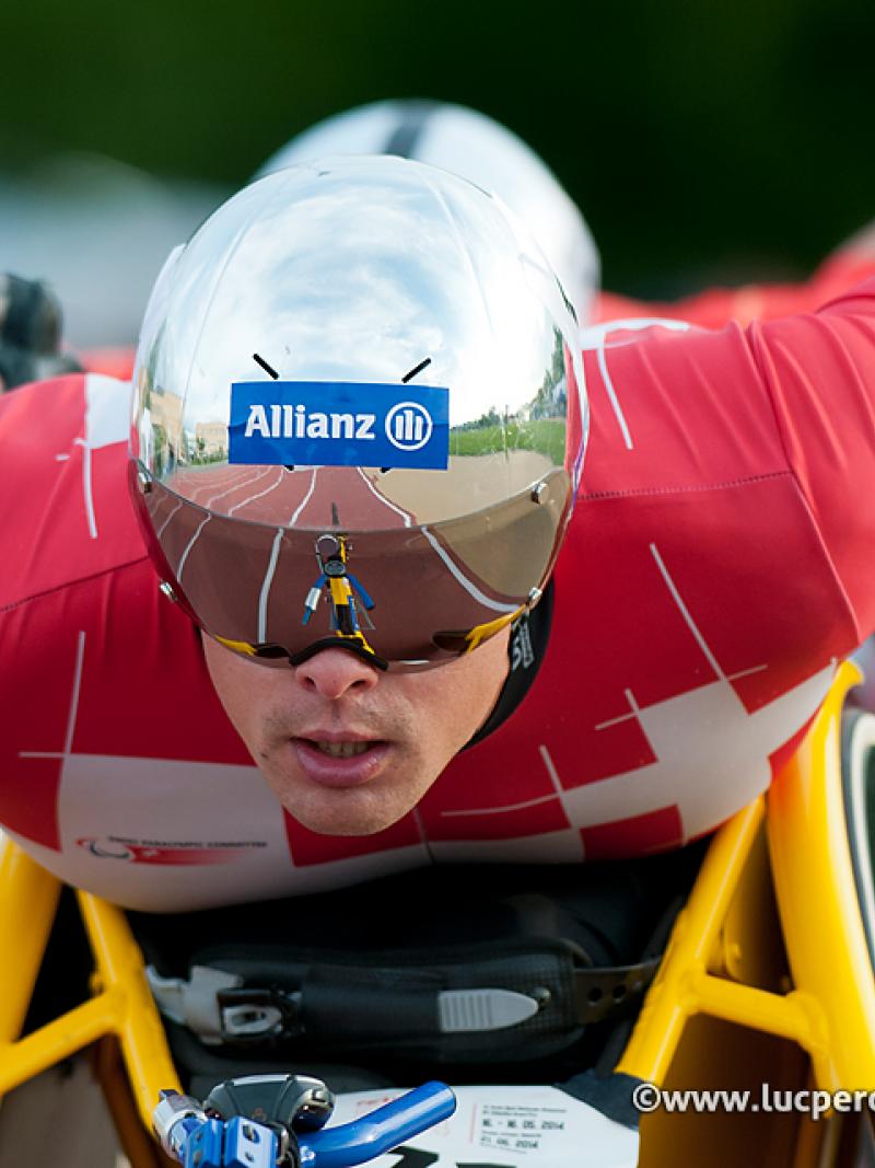 Marcel Hug powers to victory in the 2014 IPC Athletics Grand Prix in Nottwil, Switzerland.