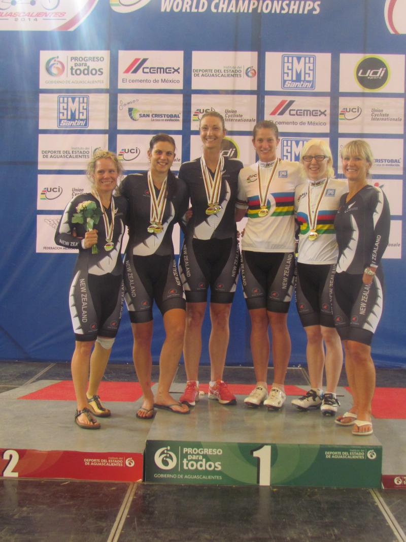 Athletes pose for a podium shot.