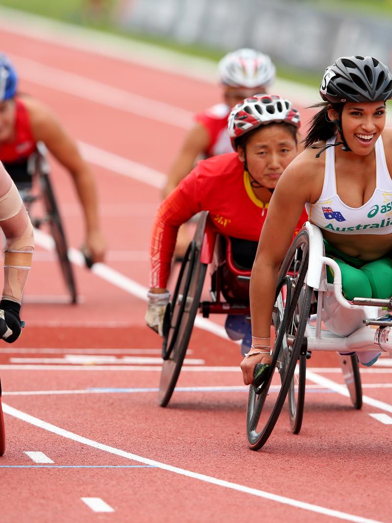 Australia's Angela Ballard and Madison de Rozario after taking second and third in the women's 800m T53 final at the 2013 IPC Athletics World Championships
