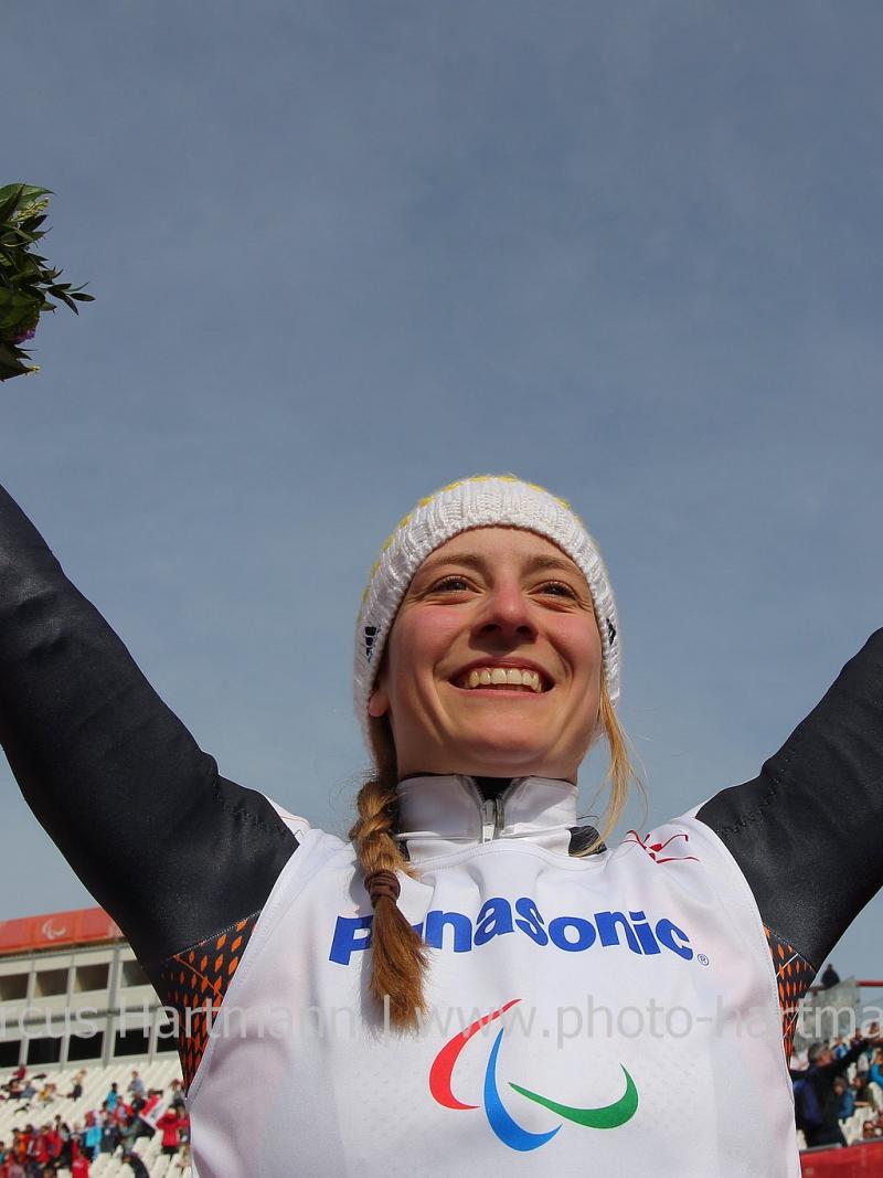 Anna Schaffelhuber, Germany celebrates her gold medal in the women's super-G