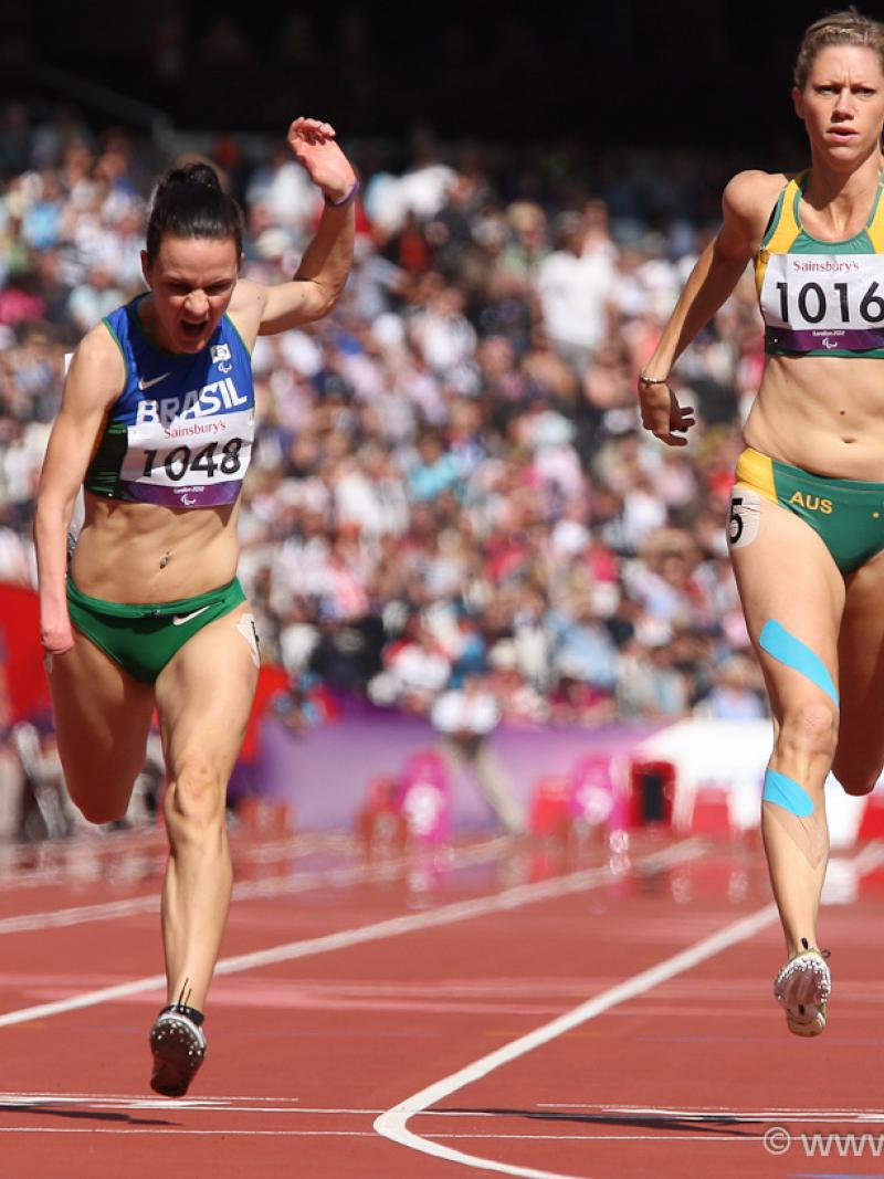 Sheila Finder, Brazil, and Carlie Beattie, Australia, in the women's 100m T46 heat at the London 2012 Paralympic Games.