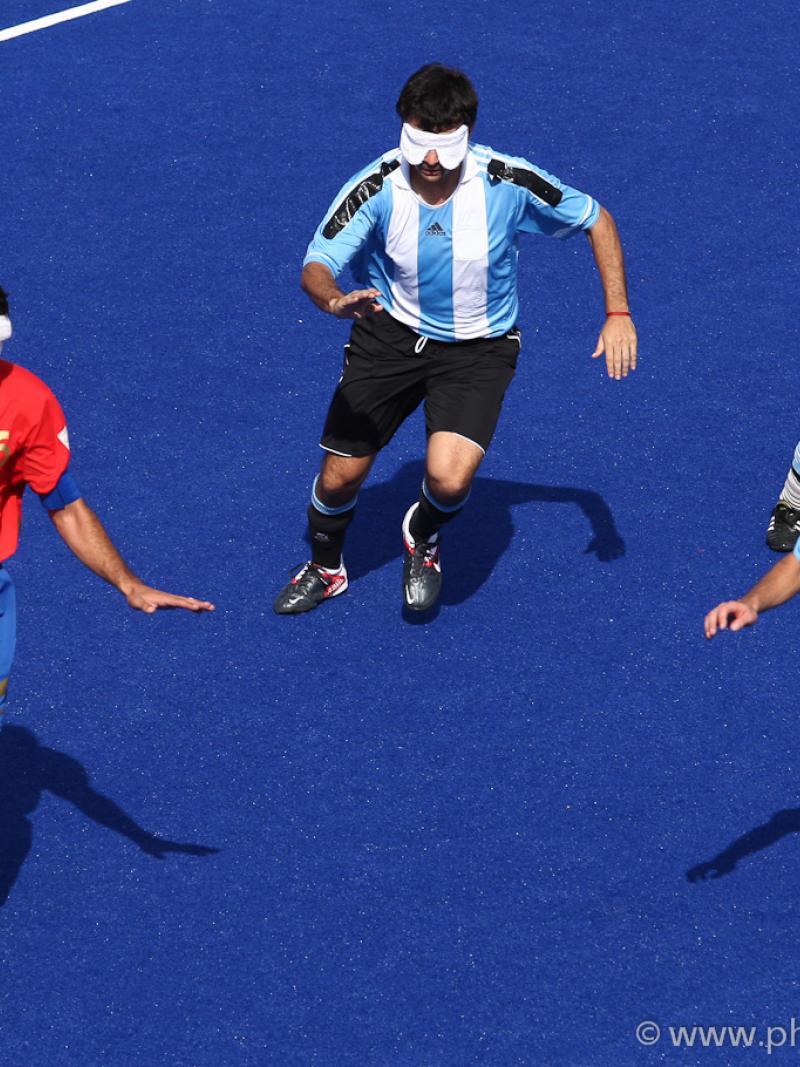 Adolfo Acosta Rodriguez of Spain goes up against three Argentina defenders at the London 2012 Paralympic Games