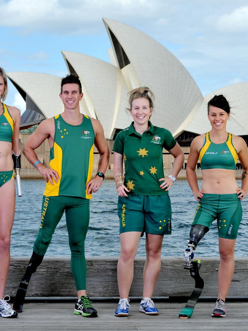Australian Paralypians wear 2XU kit in front of the Sydney Opera House.