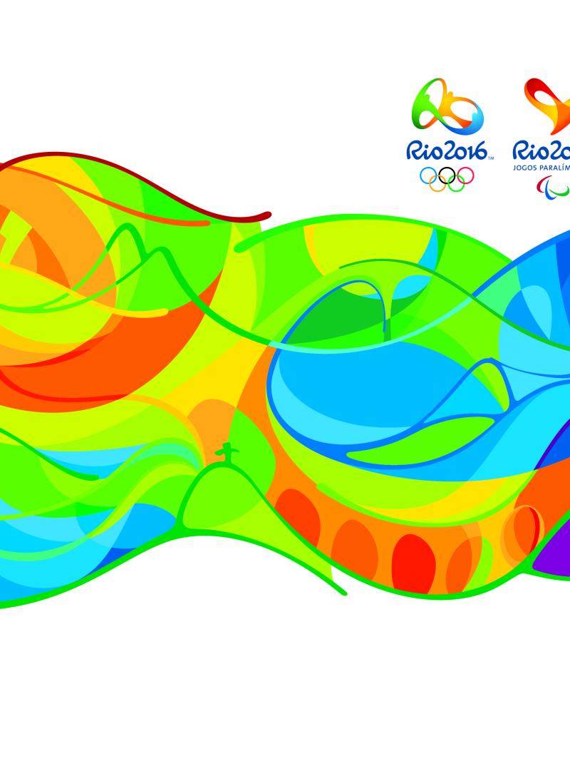 Swirly pattern of birghts colours depicting the landmarks of Rio.