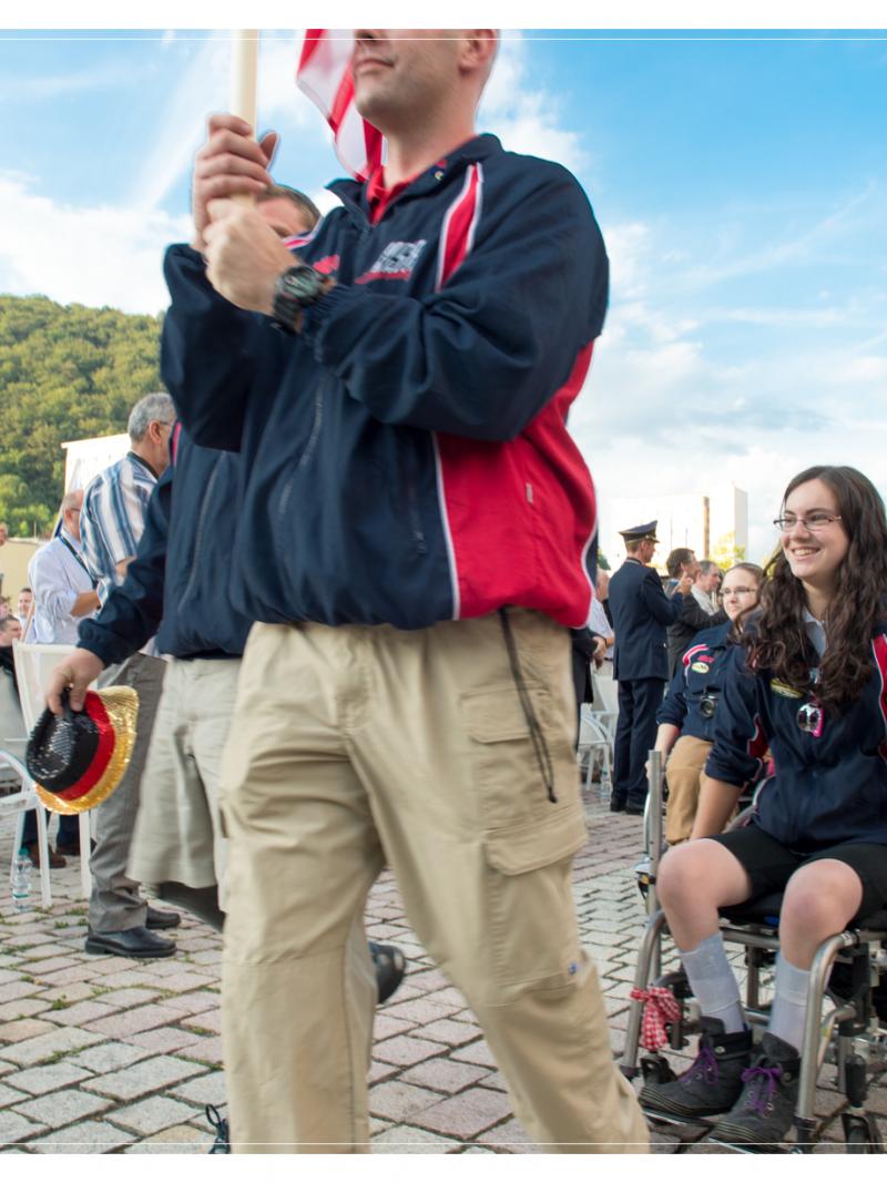 Wheelchair athlete from the USA behind the flag barer during the Opening Ceremony of the 2014 IPC Shooting World Championships Suhl, Germany